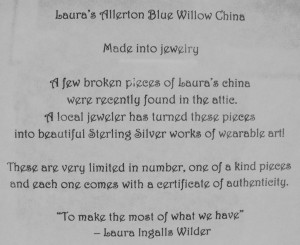 Laura's Blue Willow sign 2