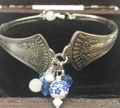 Bracelet from replica of Laura's Silverware Pattern - 2 piece w/blue & white beads